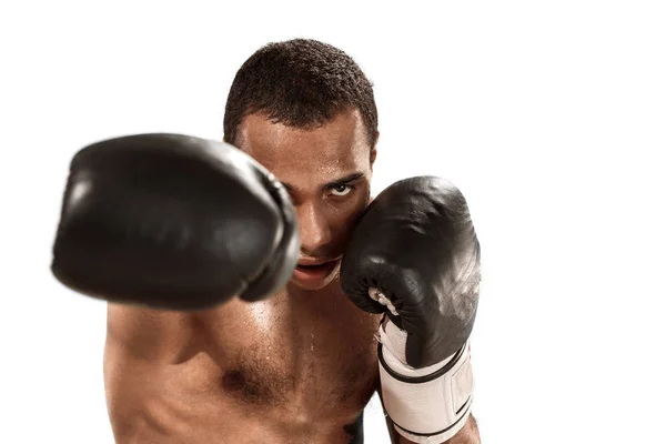 Homem Desportivo Durante Exercícios Boxe Foto Boxeador Isolado Fundo Branco — Fotografia de Stock