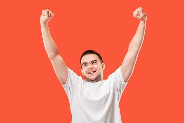 Ganhar o sucesso homem feliz extático celebrando ser um vencedor. Imagem energética dinâmica do modelo masculino — Fotografia de Stock