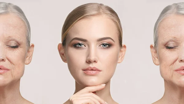 Karşılaştırma. Sorun ve temiz bir cilt, kavramı, yaşlanma ve gençlik, güzellik bakımı ile güzel bir kadın portresi