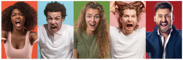 Arga människor skriker. Collage av olika mänskliga ansiktsuttryck, känslor och känslor av unga män och kvinnor. — Stockfoto