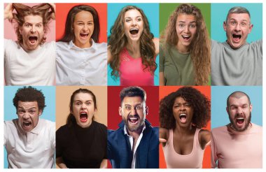 Angry people screaming. The collage of different human facial expressions, emotions and feelings of young men and women. clipart