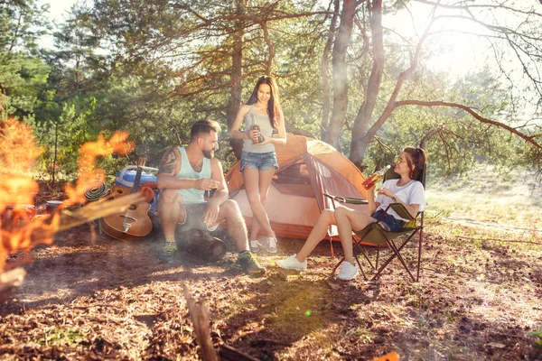 Fiesta, camping de hombres y mujeres grupo en el bosque. Se relajan —  Fotos de Stock