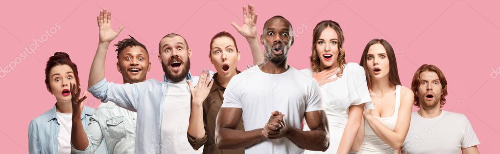 The collage of faces of surprised people on pink backgrounds. Human emotions, facial expression concept.