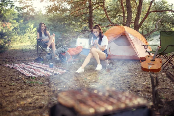 Fiesta, camping de hombres y mujeres grupo en el bosque. Se relajan, cantan una canción y cocinan barbacoa —  Fotos de Stock