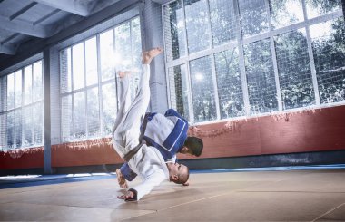 Two judo fighters showing technical skill while practicing martial arts in a fight club clipart