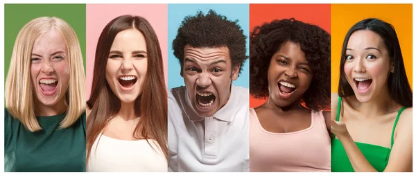 Colagem de fotos de atraente sorrindo mulheres felizes e afro homem — Fotografia de Stock