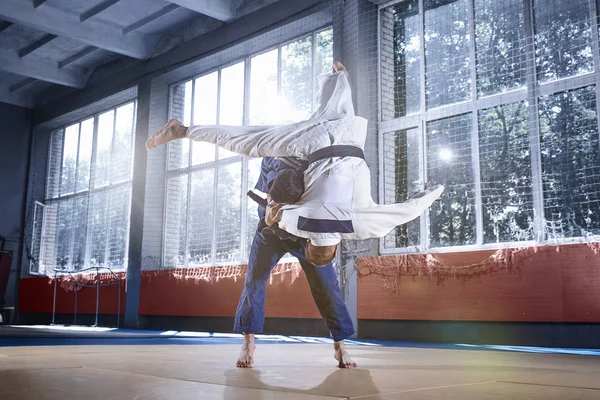 Два бійці дзюдо демонструють технічну майстерність під час практики бойових мистецтв у бойовому клубі — стокове фото