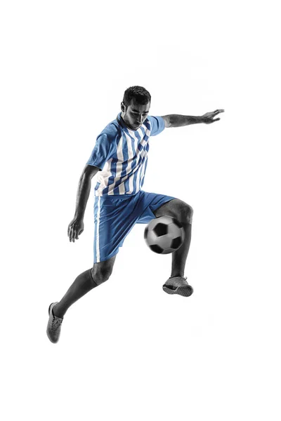 Football voetbal speler met bal geïsoleerd op witte achtergrond — Stockfoto
