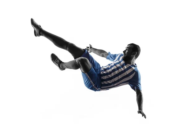 Futebol profissional jogador de futebol em ação isolado no fundo branco — Fotografia de Stock