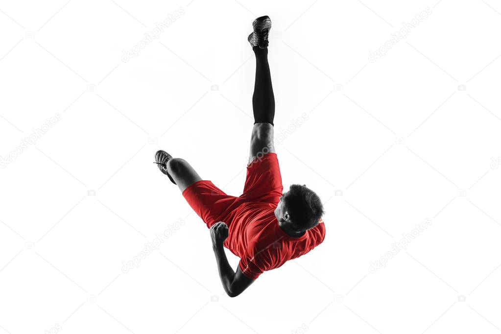 Professional football soccer player isolated on white background