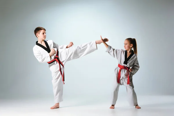 La toma de estudio del grupo de niños que entrenan karate artes marciales — Foto de Stock