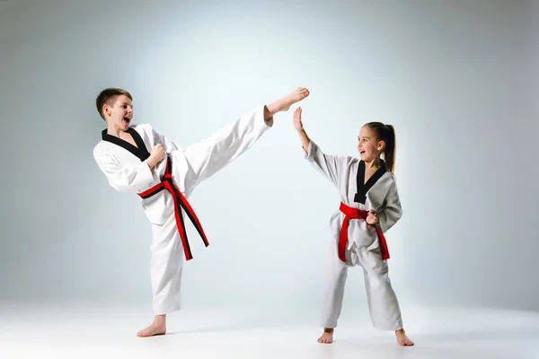 La toma de estudio del grupo de niños que entrenan karate artes marciales — Foto de Stock