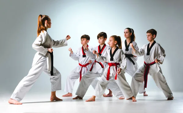 Karate Dövüş Sanatları Gri Arka Plan Üzerinde Eğitim Çocuklar Grup — Stok fotoğraf