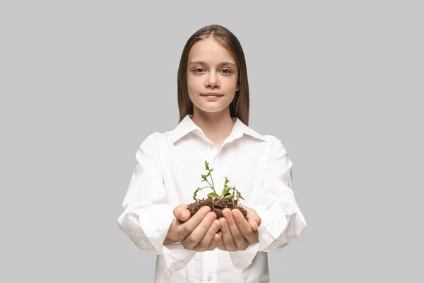 Mâini adolescente cu răsaduri pe fundal studio gri. Conceptul de primăvară, natură și îngrijire . — Fotografie, imagine de stoc