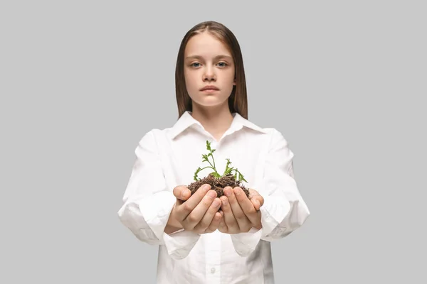 Teen hands with seedlings on gray studio background. Spring concept, nature and care. — Stock Photo, Image