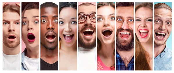 El collage de mujeres jóvenes y hombres sonriendo expresiones de la cara — Foto de Stock