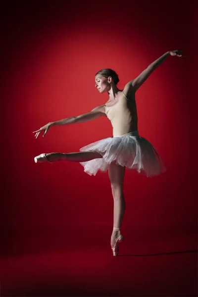 Ballerina. Young graceful female ballet dancer dancing at red studioskill. Beauty of classic ballet. — Stockfoto