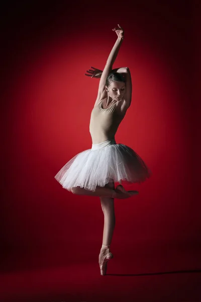 Bailarina. Jovem dançarina de balé graciosa dançando no vermelho studioskill. Beleza de balé clássico . — Fotografia de Stock