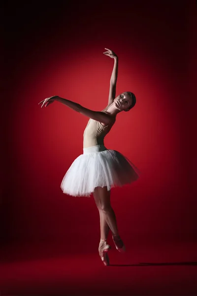 Ballerina. Young graceful female ballet dancer dancing at red studioskill. Beauty of classic ballet. — Stock Photo, Image