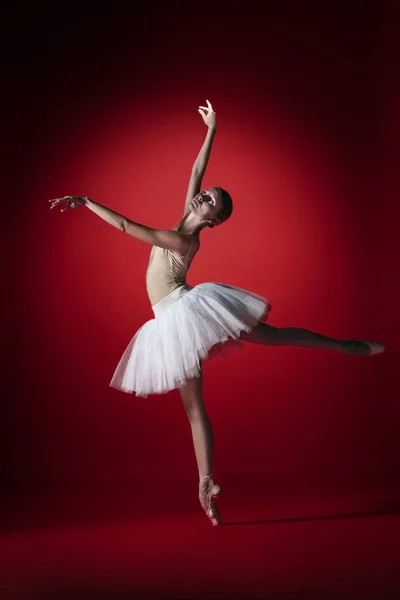 Балерина. Молодая грациозная балетная танцовщица танцует на красной студии. Красота классического балета . — стоковое фото