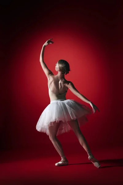 Ballerina. Young graceful female ballet dancer dancing at red studioskill. Beauty of classic ballet. — Stockfoto