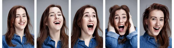 Reihe junger Frauenporträts mit unterschiedlichen glücklichen Gefühlen — Stockfoto