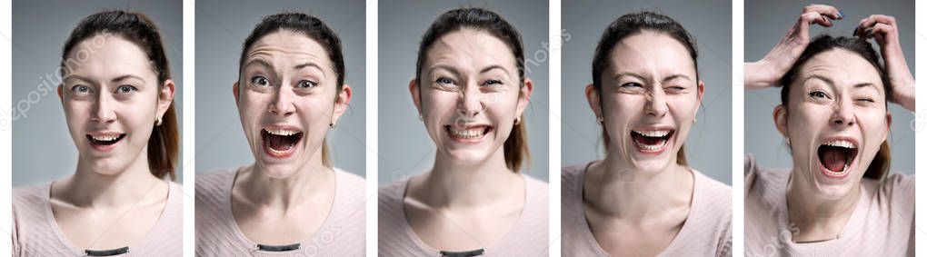 The collage of young womans portraits with different happy emotions