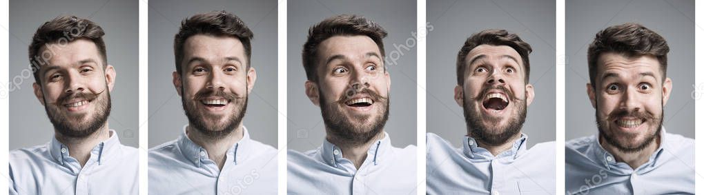 Set of young mans portraits with different happy emotions