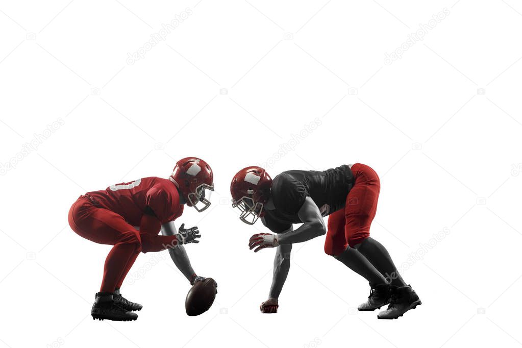 The two american football players studio isolated on white background