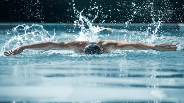 dynamic and fit swimmer in cap breathing performing the butterfly stroke clipart