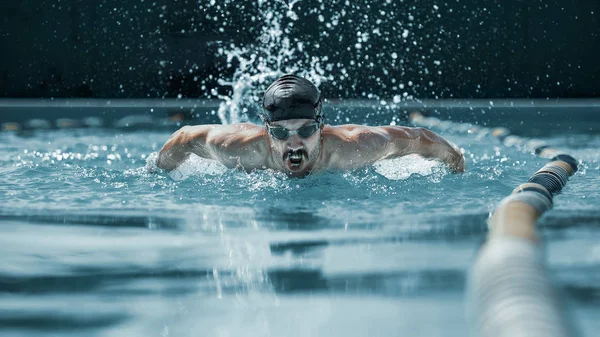 Динамичный и здоровый пловец в колпачке, дышащий ударом бабочки — стоковое фото