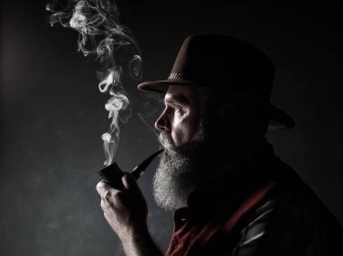 komuta sizde şapka yasaktır tütün boru dramatik portresi. Avusturya, Tirol, Bavyera yaşlı adam profil görünümü