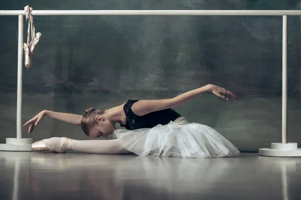 De klassieke ballerina poseren op ballet barre — Stockfoto