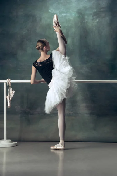 A bailarina clássica posando no ballet barre — Fotografia de Stock