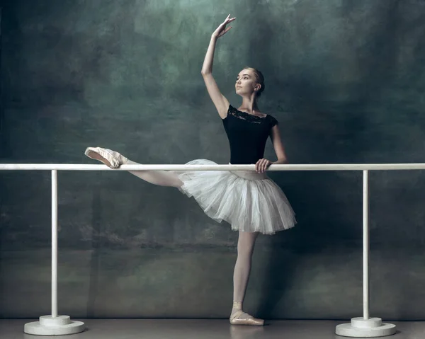 La bailarina clásica posando en la barra de ballet — Foto de Stock