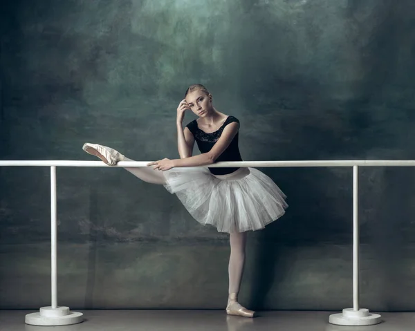 La bailarina clásica posando en la barra de ballet —  Fotos de Stock