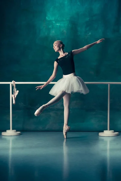 La bailarina clásica posando en la barra de ballet —  Fotos de Stock