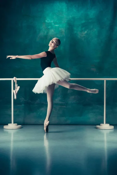 A bailarina clássica posando no ballet barre — Fotografia de Stock