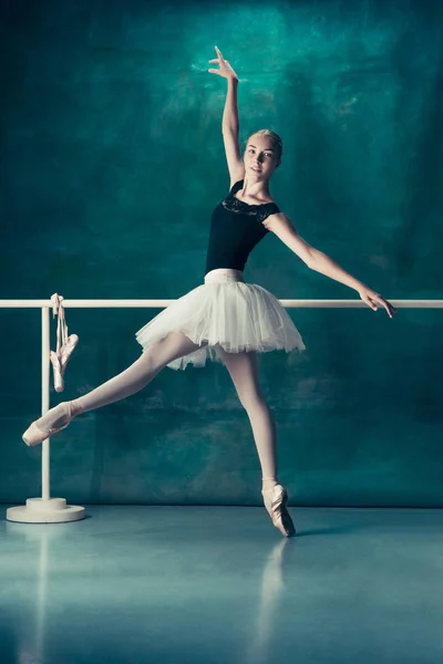 Klasyczne baleriny pozowanie w balet barre — Zdjęcie stockowe