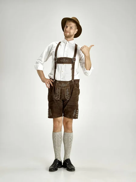 Portrait Oktoberfest Young Man Hat Wearing Traditional Bavarian Clothes Standing — Stock Photo, Image