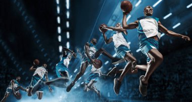 Collage. Basketball player on big professional arena during the game. Basketball player making slam dunk. clipart