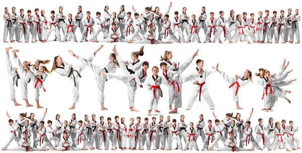 A colagem sobre grupo de crianças treinando artes marciais de karatê — Fotografia de Stock