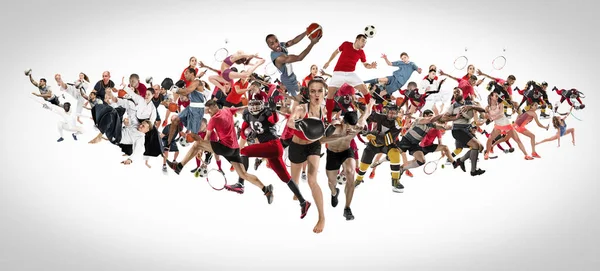 Sport collage om kickboxning, fotboll, amerikansk fotboll, basket, ishockey, badminton, taekwondo, tennis, rugby — Stockfoto