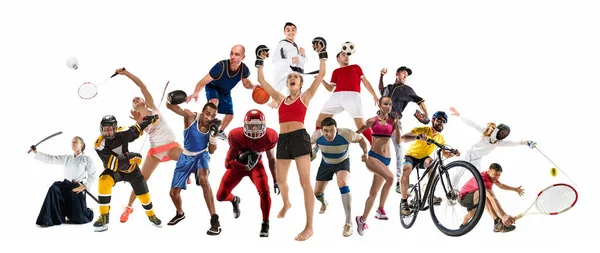 Спортивный коллаж о кикбоксинге, футболе, американском футболе, баскетболе, хоккее, бадминтоне, тхэквондо, теннисе, регби — стоковое фото