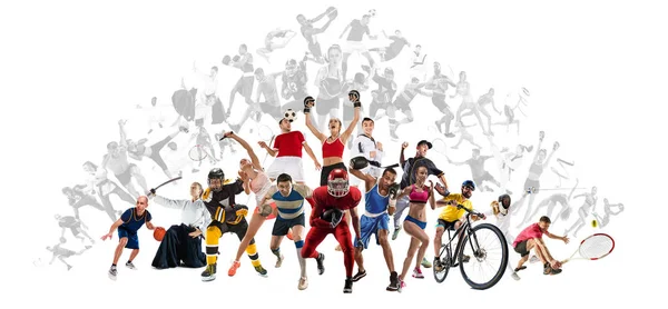 Αθλητισμός κολάζ σχετικά με kickboxing, ποδόσφαιρο, αμερικανικό ποδόσφαιρο, μπάσκετ, χόκεϊ, μπάντμιντον, taekwondo, τένις, ράγκμπι — Φωτογραφία Αρχείου