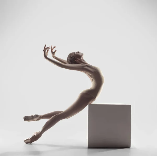 芭蕾舞 演员。年轻优雅的女芭蕾舞演员在画室跳舞。经典芭蕾之美. — 图库照片
