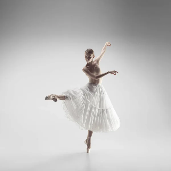 芭蕾舞 演员。年轻优雅的女芭蕾舞演员在画室跳舞。经典芭蕾之美. — 图库照片