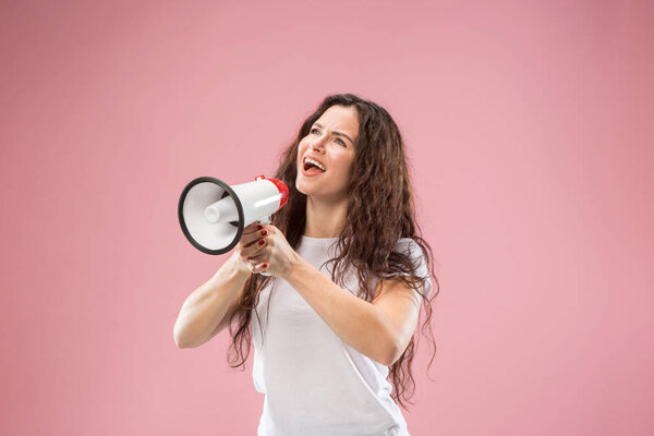 Woman making announcement with megaphone
