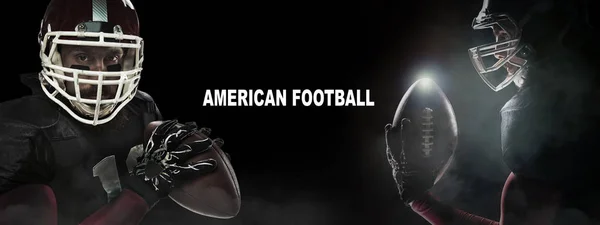 Spor kavram. Siyah arka plan kopya alanı ile Amerikan futbolu sporcu çalar. Spor kavramı. — Stok fotoğraf