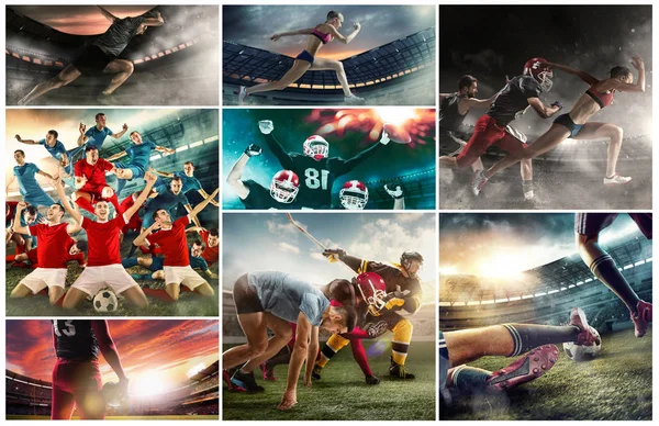 Unwiderstehlich Angriff Multisport Collage Über Fußball American Football Spieler Und — Stockfoto